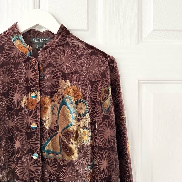 Citron Brown Velvet Butterfly Mandarin Collar Neck Button Up Blouse Small Asian - Picture 4 of 12